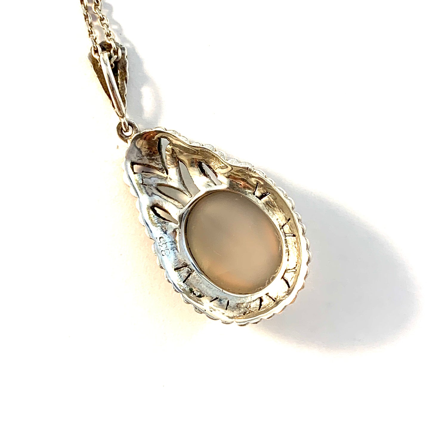Mid Century Solid 835 Silver Moonstone Marcasite Pendant Necklace.