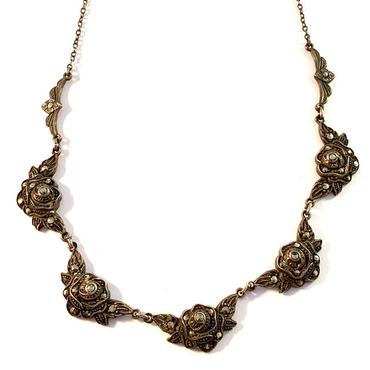 Maker AR, Germany / Austria Early 1900s. 935 Silver Marcasite Rose Flower Necklace.