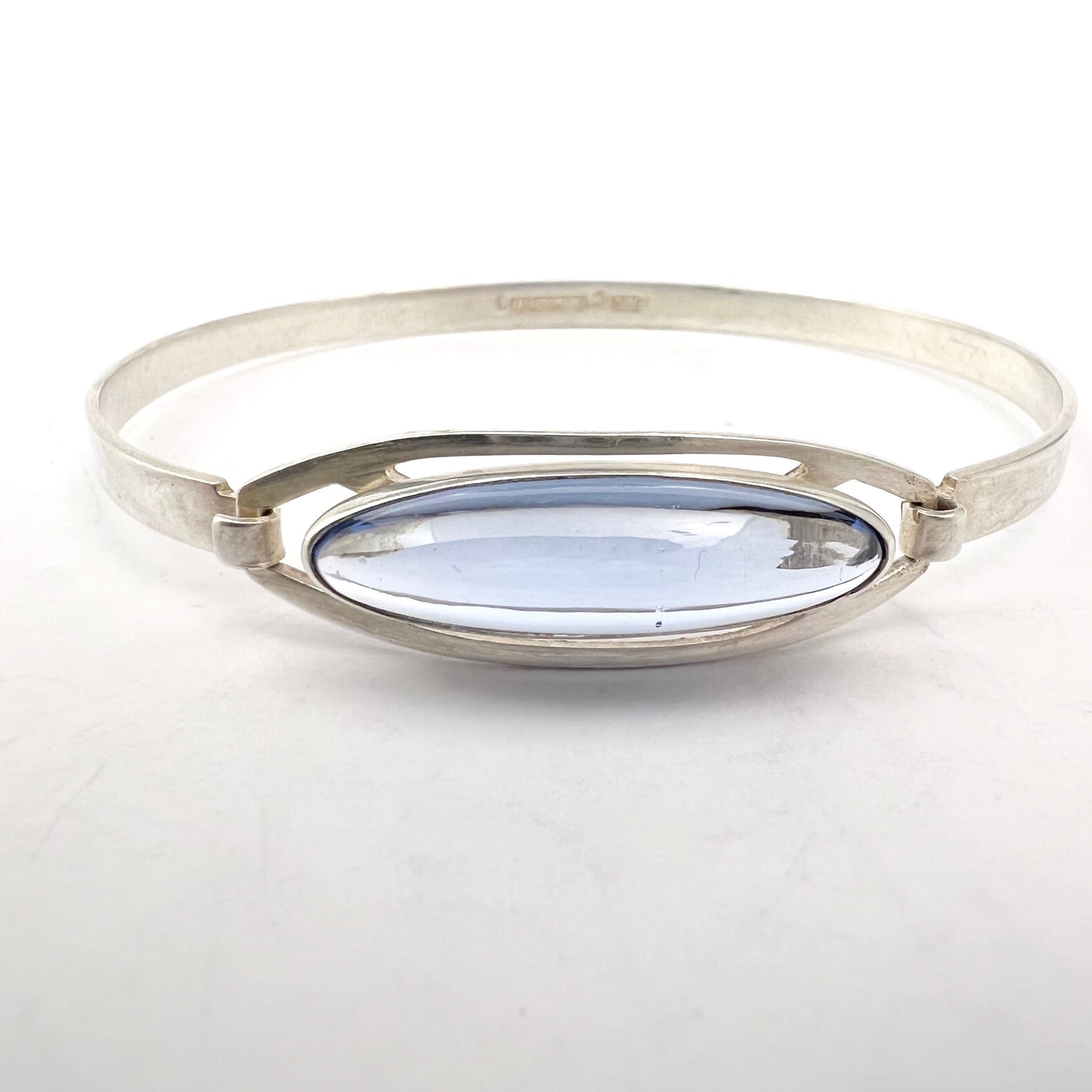 Turun Hopea, Finland 1961. Vintage Solid Silver Ice Blue Quartz Hinged Bangle Bracelet.