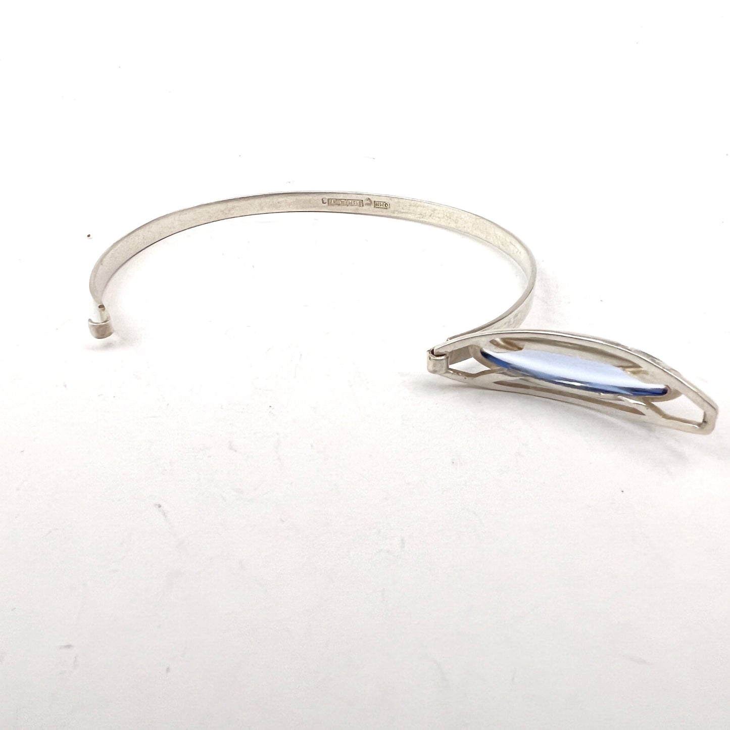 Turun Hopea, Finland 1961. Vintage Solid Silver Ice Blue Quartz Hinged Bangle Bracelet.