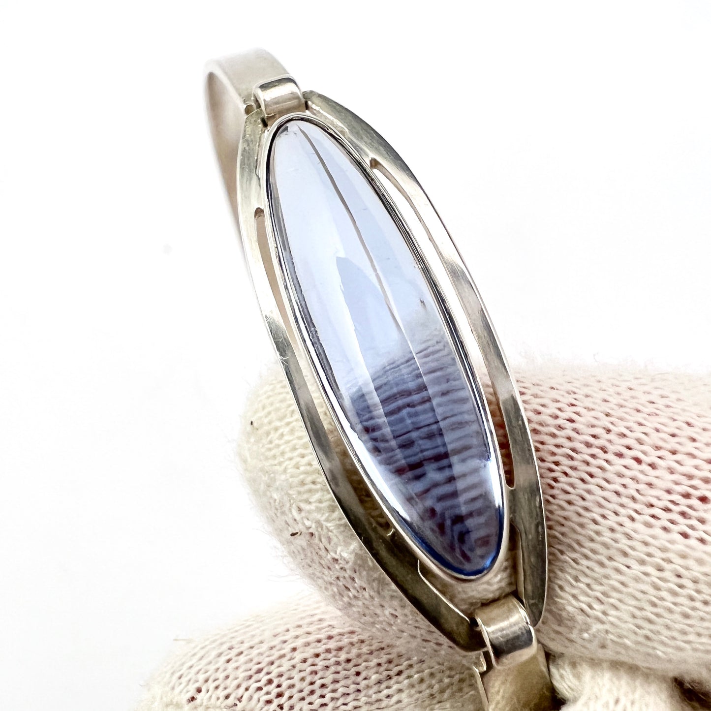 Turun Hopea, Finland 1961. Vintage Solid Silver Ice Blue Quartz Hinged Bangle Bracelet.