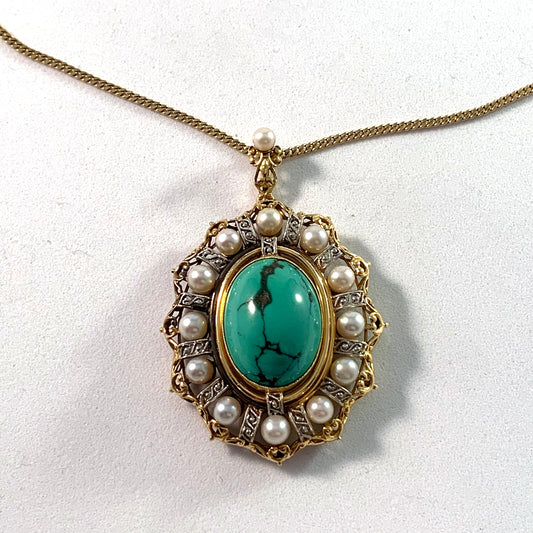 Edwardian 18k Gold Turquoise Pearl Pendant Necklace.