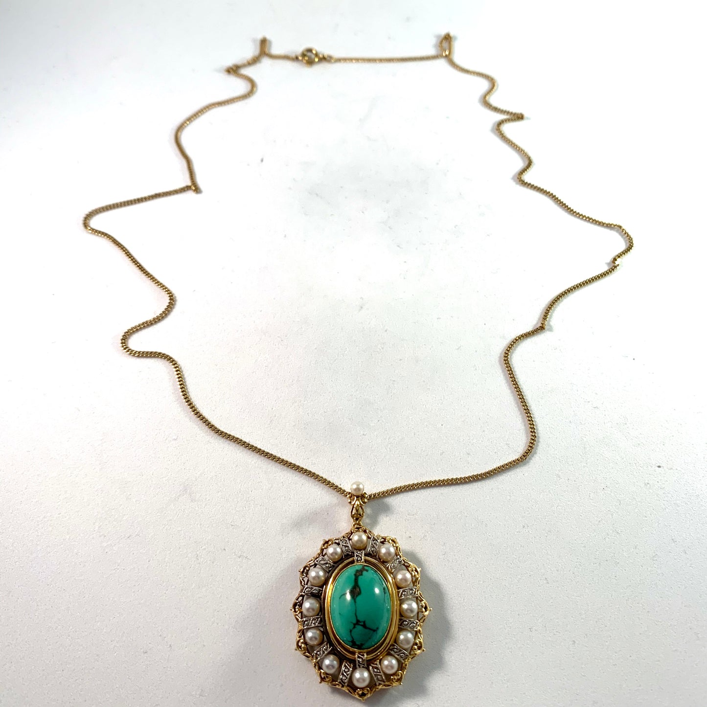 Edwardian 18k Gold Turquoise Pearl Pendant Necklace.