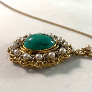 Edwardian 18k Gold Turquoise Pearl Pendant Necklace.