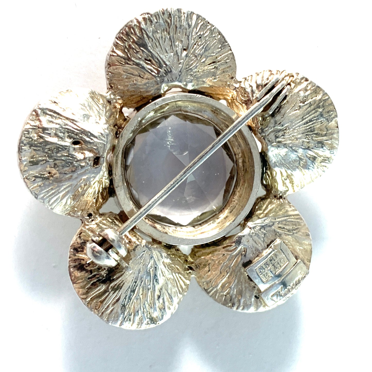 Theresia Hvorslev, Sweden 1975. Sterling Silver Rock Crystal Flower Brooch. Signed