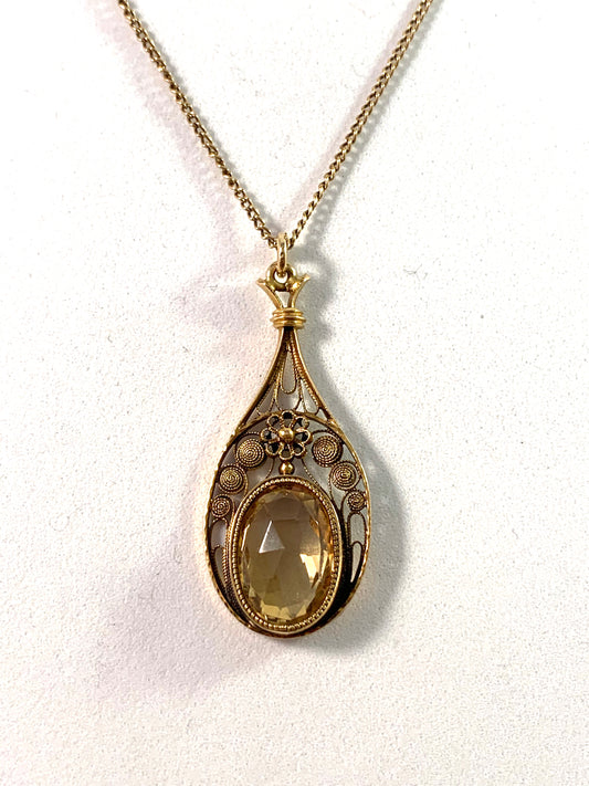 Edwardian Art Nouveau 18k Gold Citrine Pendant Necklace