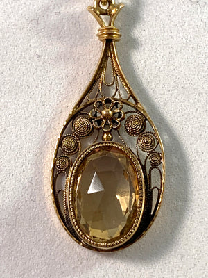 Edwardian Art Nouveau 18k Gold Citrine Pendant Necklace
