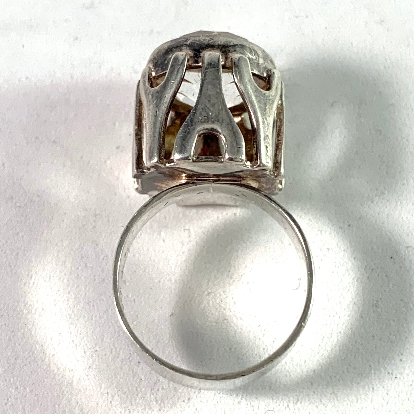 Germany / Austria 1960 Modernist Solid 835 Silver Rock Crystal Ring.
