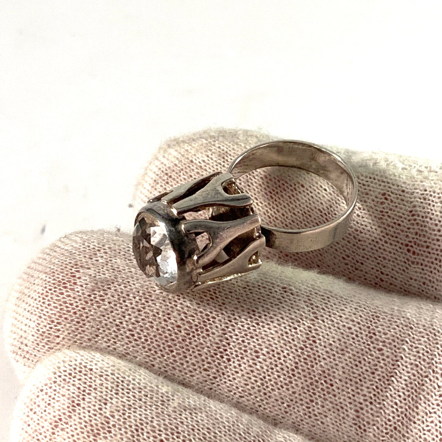 Germany / Austria 1960 Modernist Solid 835 Silver Rock Crystal Ring.