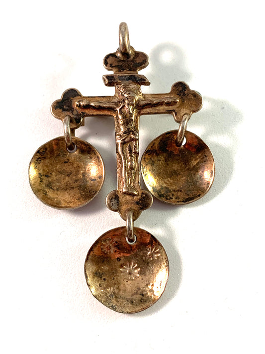 Antique Gilt Solid Silver Crucifix Cross Brooch Pendant.