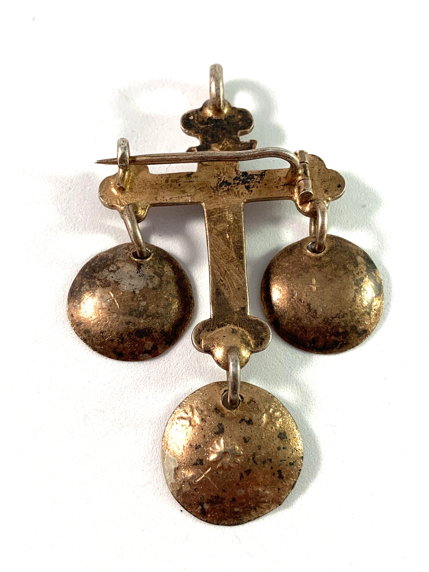 Antique Gilt Solid Silver Crucifix Cross Brooch Pendant.