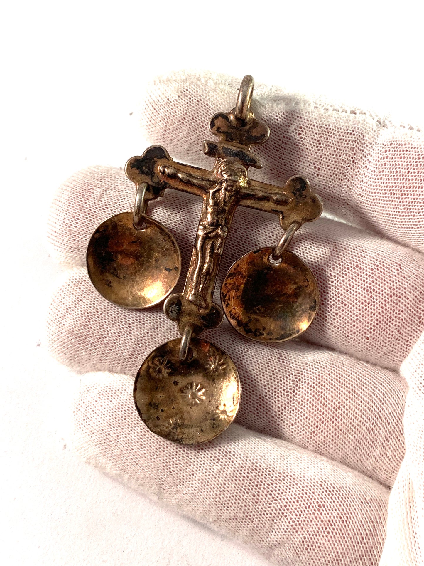 Antique Gilt Solid Silver Crucifix Cross Brooch Pendant.