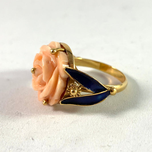 Lisbon, Portugal Vintage 19,2k Gold Coral Enamel Ring.