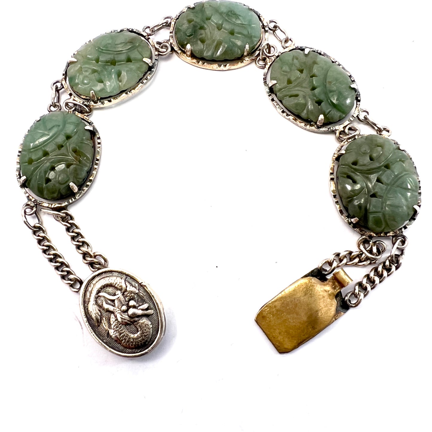 Chinese Export c 1930. Solid Silver Carved Jade Bracelet. Hallmarked China.