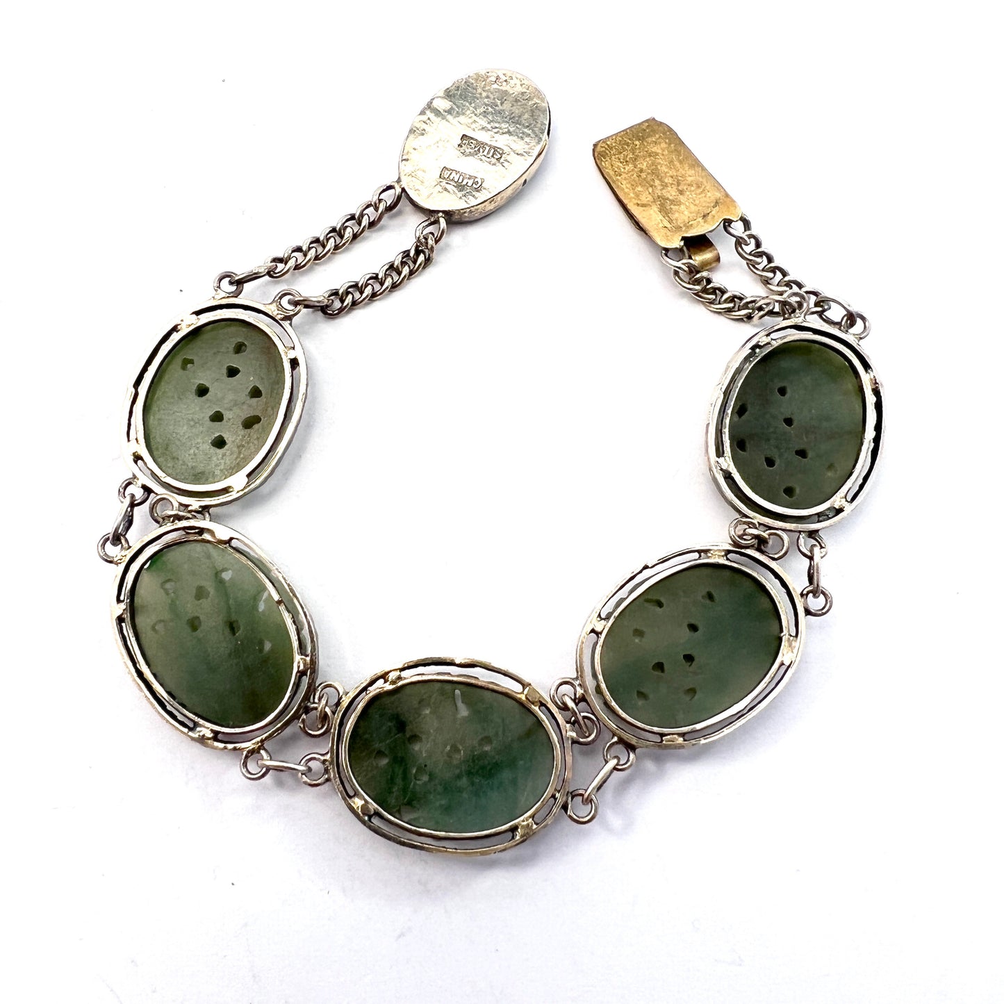 Chinese Export c 1930. Solid Silver Carved Jade Bracelet. Hallmarked China.
