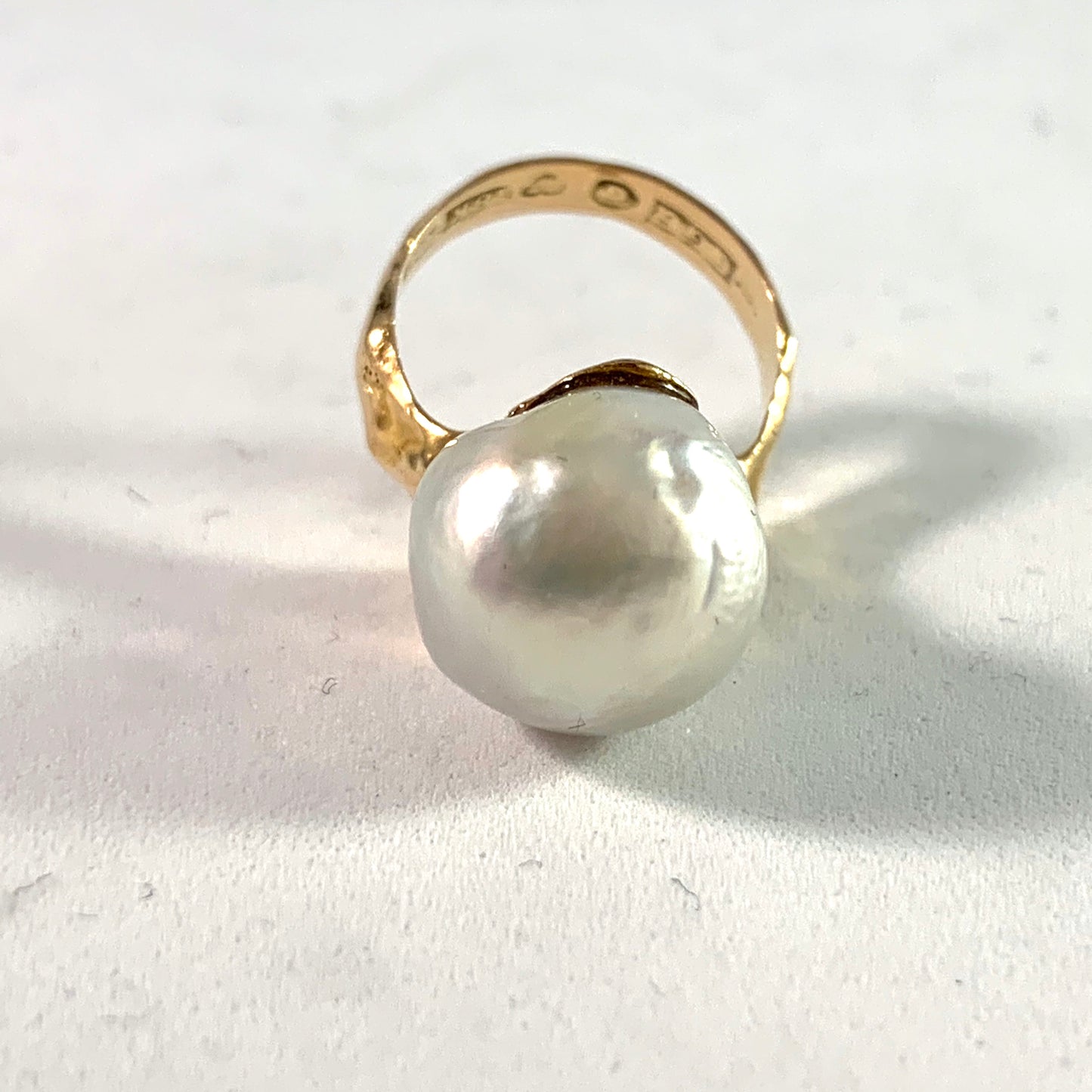 Trege, Gothenburg 1942 Large Baroque Pearl 18k Gold Ring