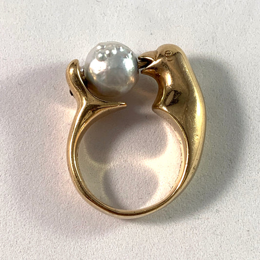 Los Castilla Vintage 13.4gram 14k Gold Baroque Pearl Bird Ring.