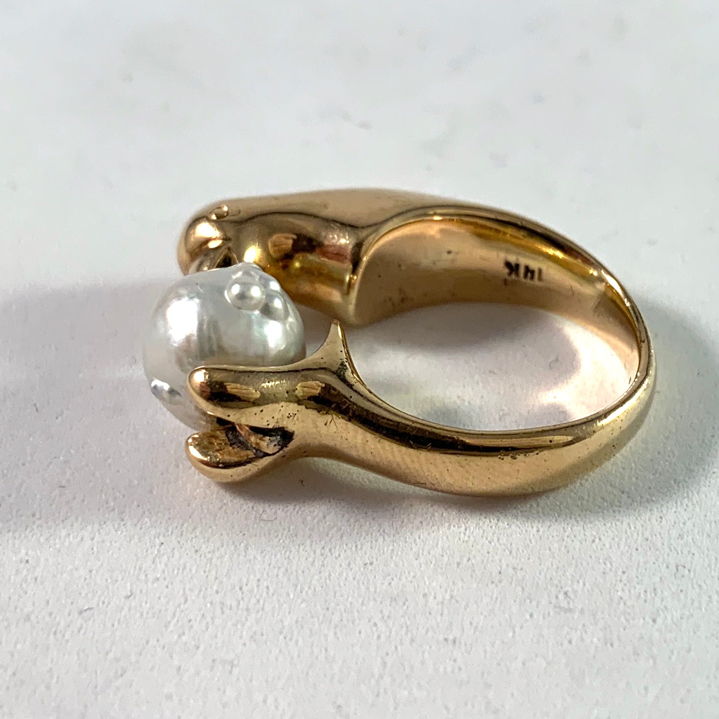 Los Castilla Vintage 13.4gram 14k Gold Baroque Pearl Bird Ring.