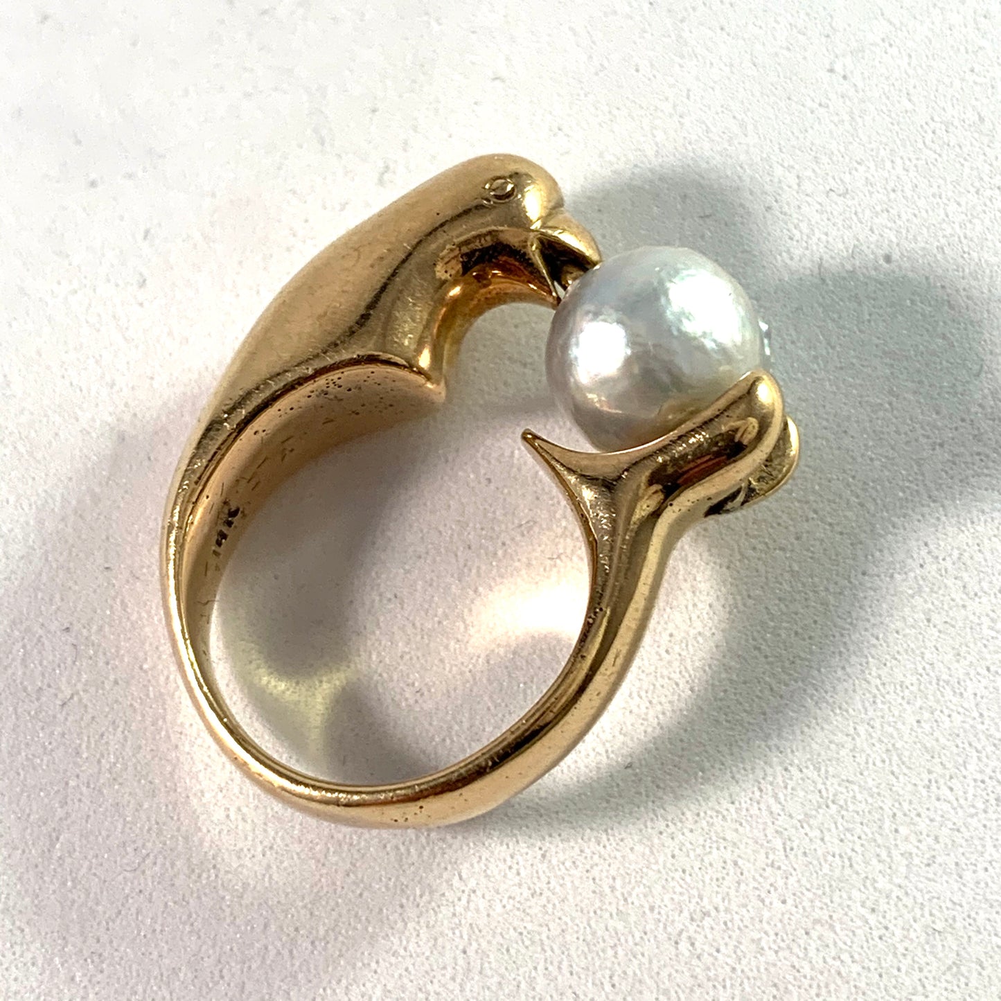 Los Castilla Vintage 13.4gram 14k Gold Baroque Pearl Bird Ring.
