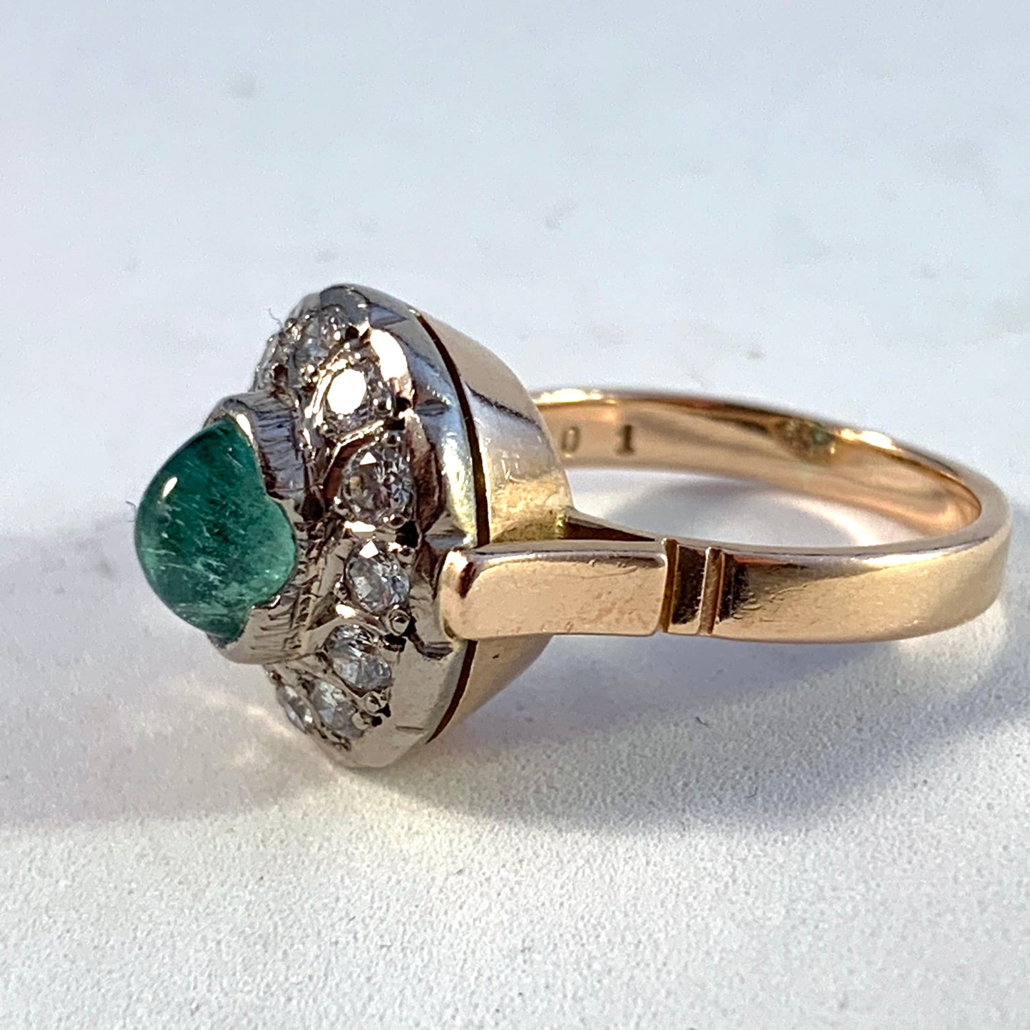Russia, Soviet Era 1950s 14k Gold 2.4ctw Diamond Cabochon Emerald Cocktail Ring.