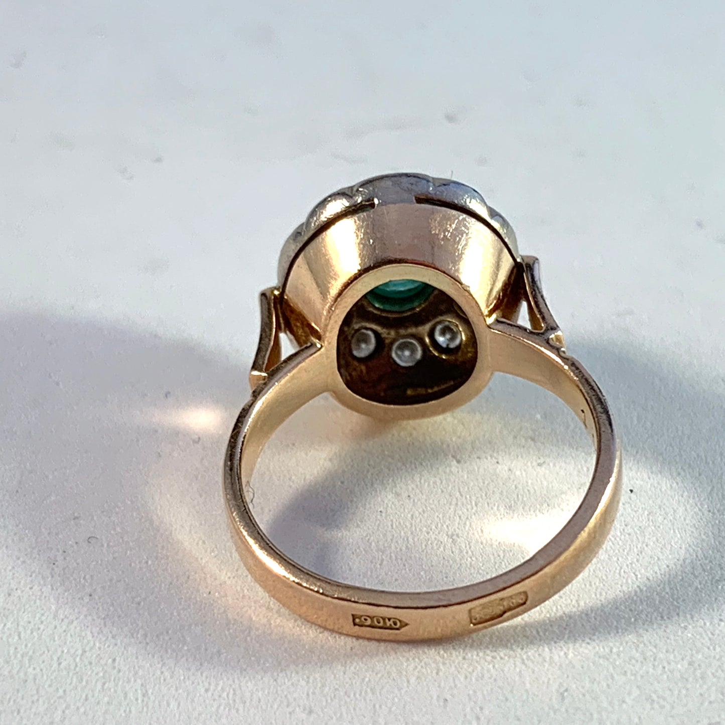 Russia, Soviet Era 1950s 14k Gold 2.4ctw Diamond Cabochon Emerald Cocktail Ring.
