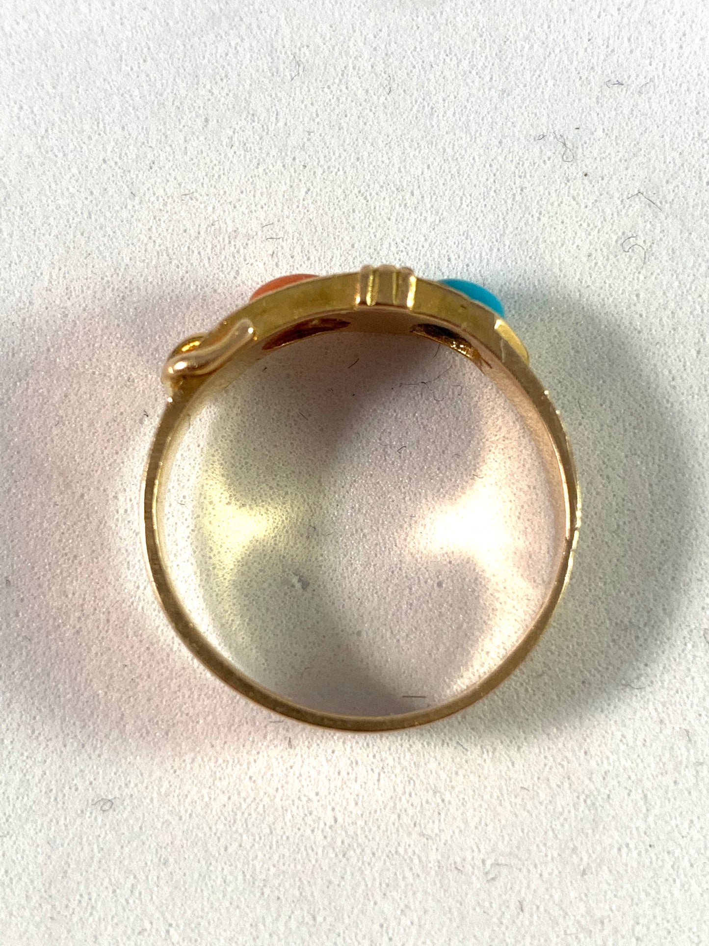 London 1861 Victorian 15k Gold Coral Turquoise Belt Buckle Ring.