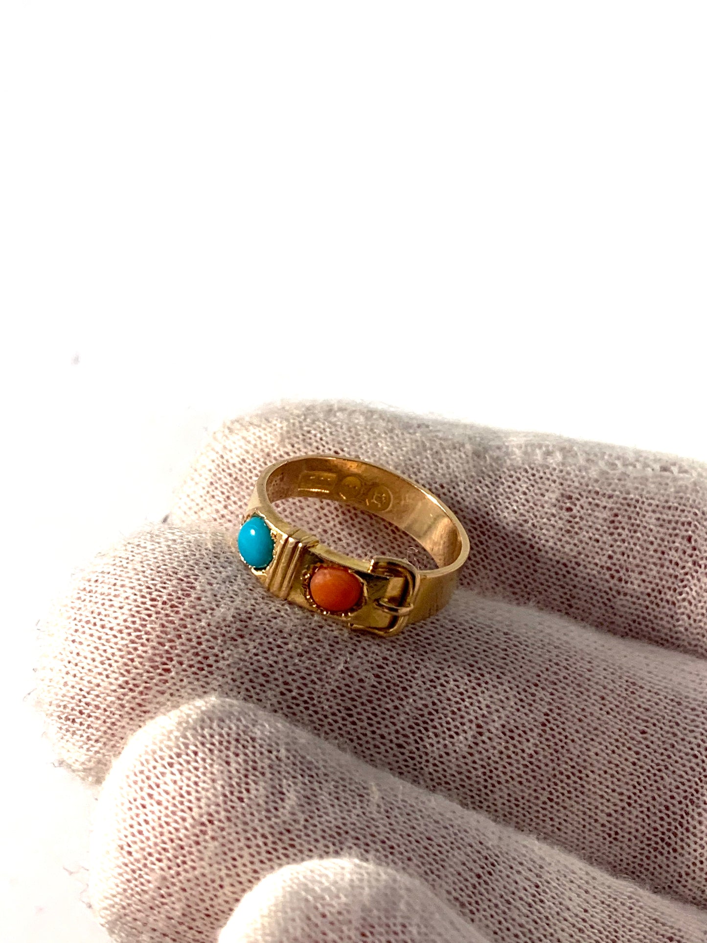 London 1861 Victorian 15k Gold Coral Turquoise Belt Buckle Ring.