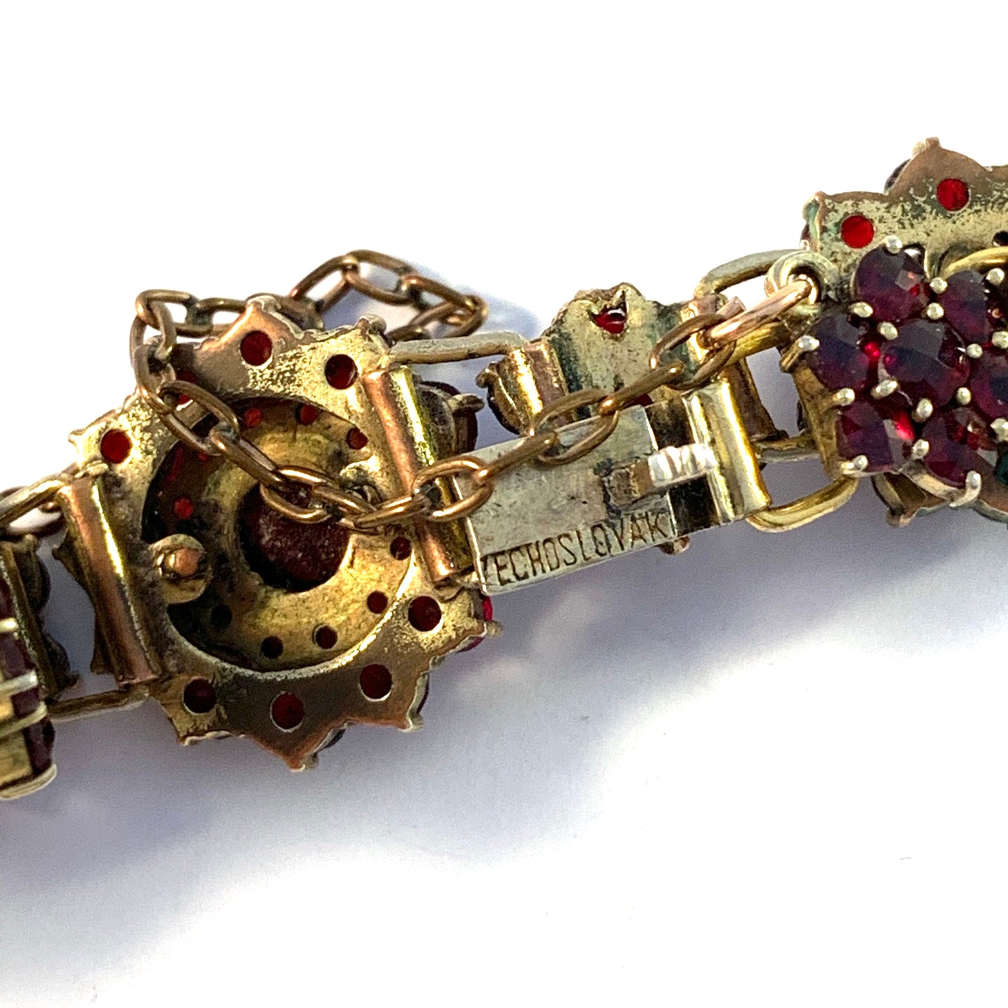 Marked Czechoslovakia, early 1900s Garnet Gilt Metal Bracelet.