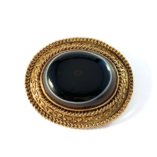 Antique Victorian Etruscan Revival 14k Gold Banded Agate Brooch Pendant. 25gram