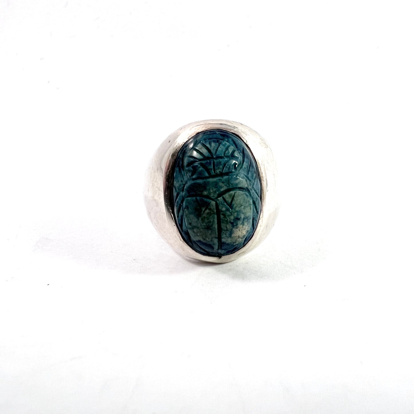 Swedish Import by G Sandqvist c 1950s Egyptian Faience Scarab Silver Ring.