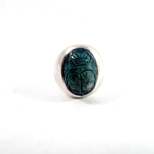 Swedish Import by G Sandqvist c 1950s Egyptian Faience Scarab Silver Ring.