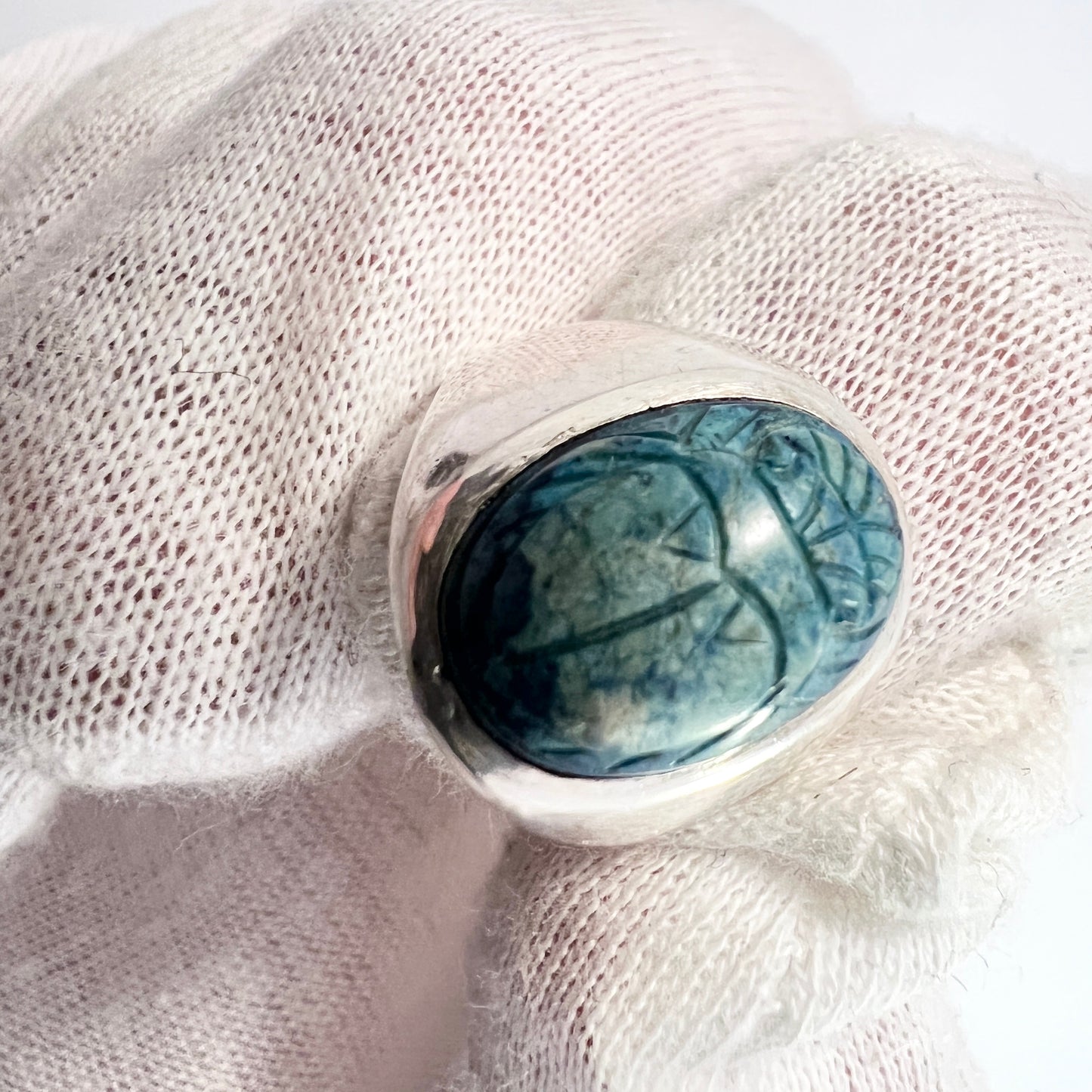 Swedish Import by G Sandqvist c 1950s Egyptian Faience Scarab Silver Ring.