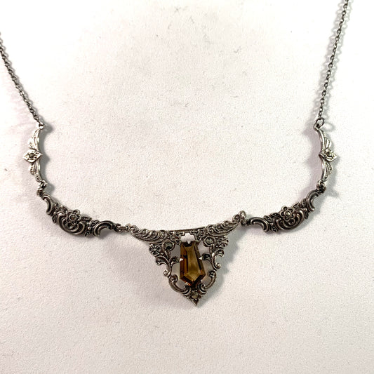 Germany 1920s Silver Quartz Marcasite Necklace.