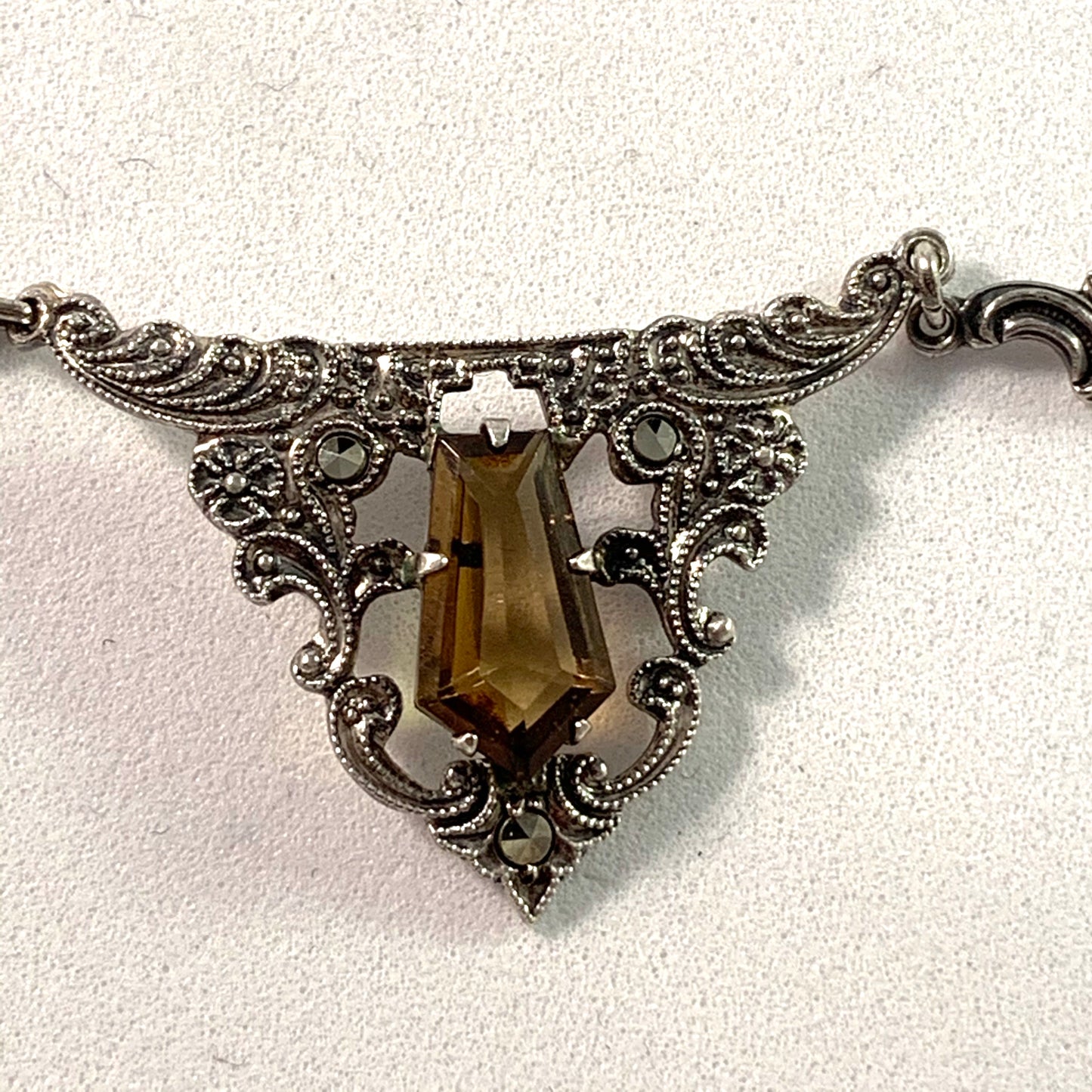 Germany 1920s Silver Quartz Marcasite Necklace.