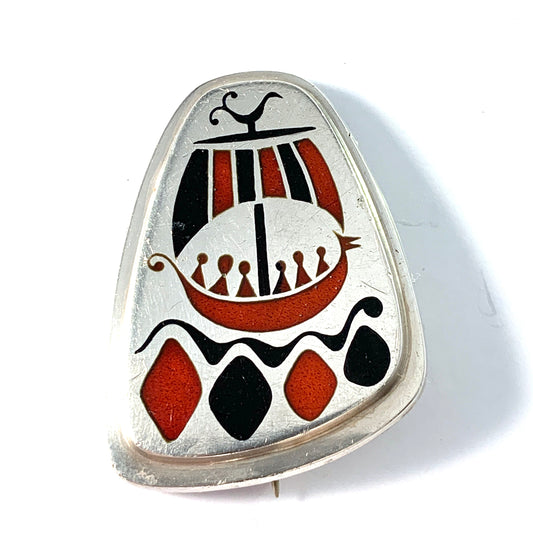 Atelier Borgila, Stockholm 1953. Sterling Silver Enamel Viking Ship Brooch.