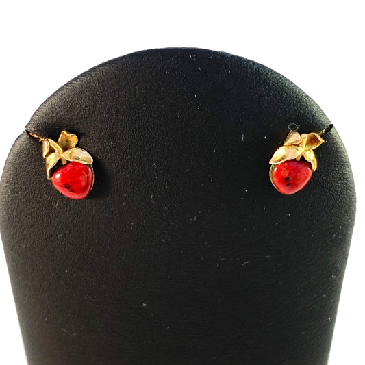 Claes E Giertta, Stockholm Vintage 18k Gold Enamel Apple Stud Earrings. Signed