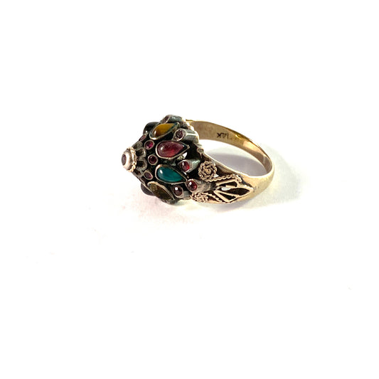 Vintage 14k Gold Silver Thai Princess Harem Multi-Gemstone Cluster Dome Ring.