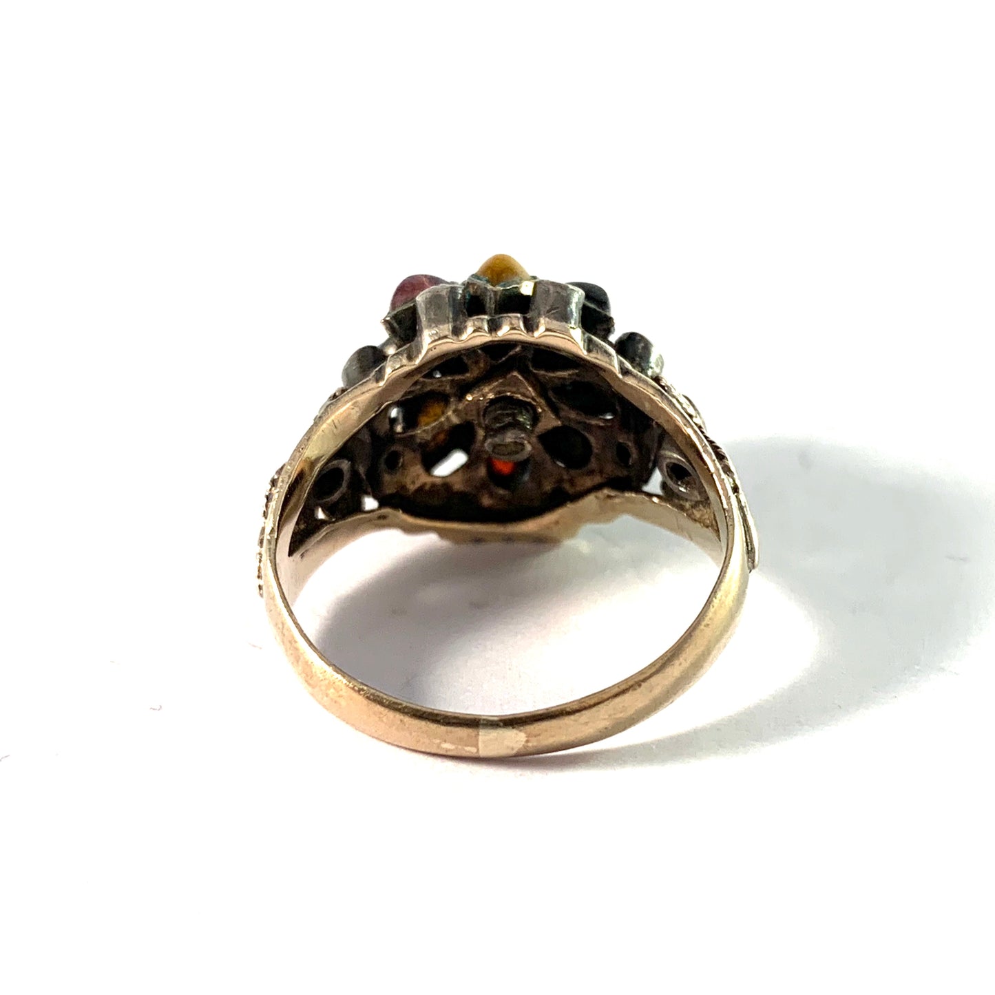 Vintage 14k Gold Silver Thai Princess Harem Multi-Gemstone Cluster Dome Ring.