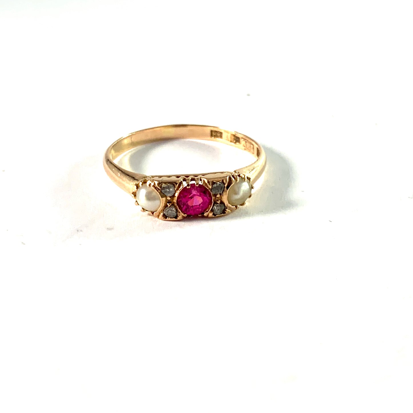 Bernhard Herz, Sweden 1907. Antique 18k Gold Diamond, Pink Sapphire and Pearl Ring.