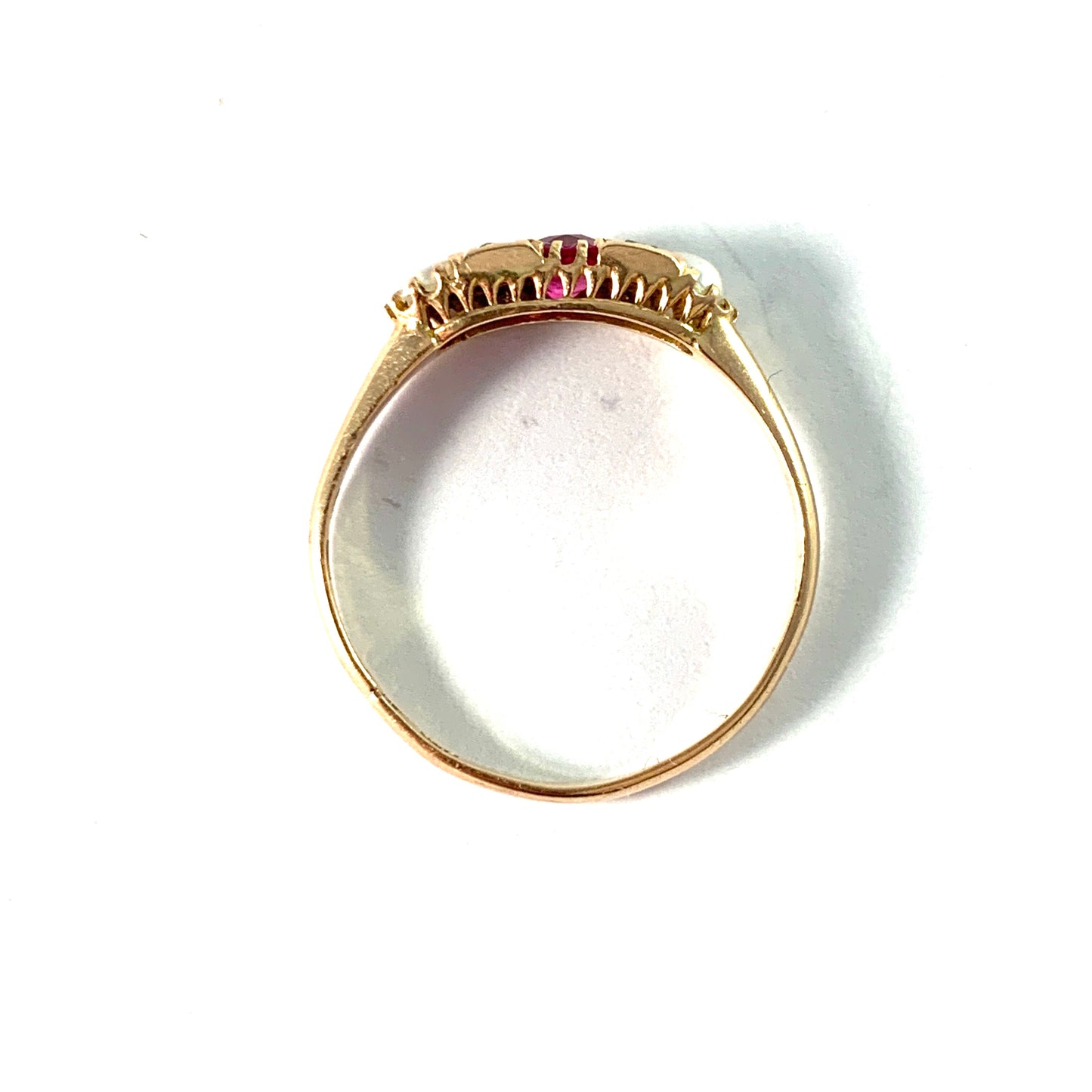 Bernhard Herz, Sweden 1907. Antique 18k Gold Diamond, Pink Sapphire and Pearl Ring.
