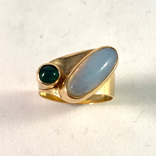 Mid Century Modern 18k Gold Moonstone Tourmaline Ring