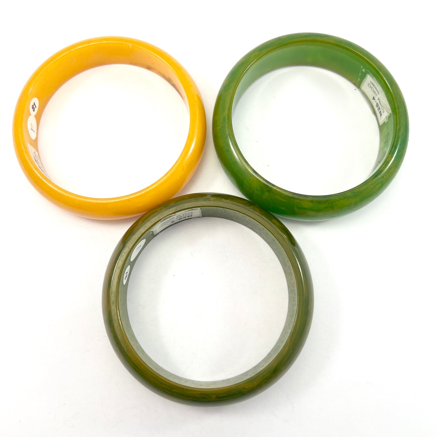 3 1930-40s Bakelite Bangles with  Exhibition Provenance. Butterscotch and Jade Colour.
