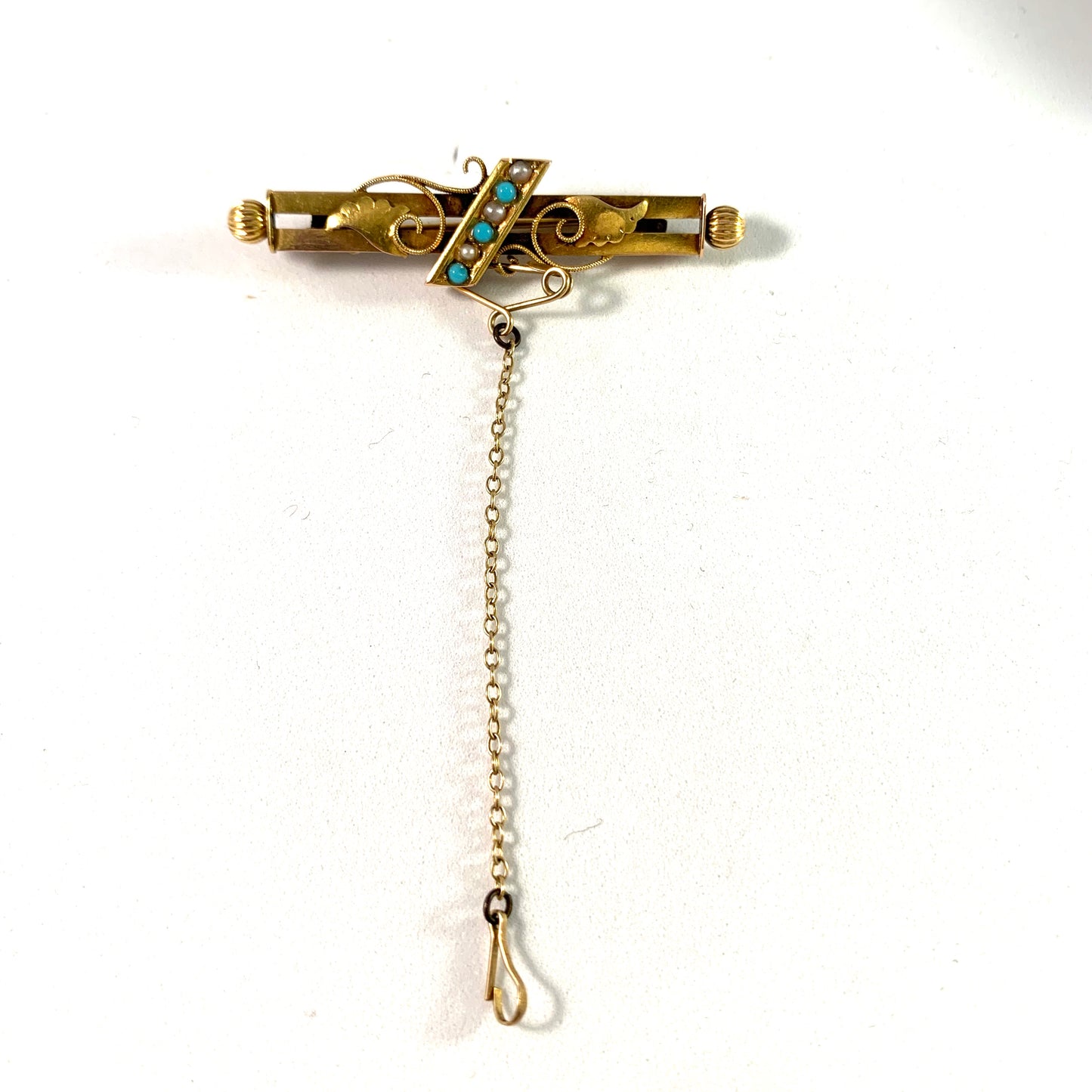 Chester Victorian 15k Gold Brooch with Turquoise and Pearls.