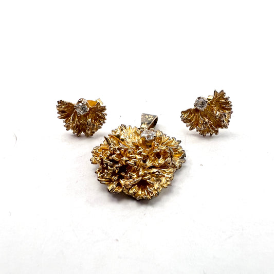 Flora Danica, Denmark Vintage Gilt Sterling Silver CZ "Parsley" Pendant and Stud Earrings.