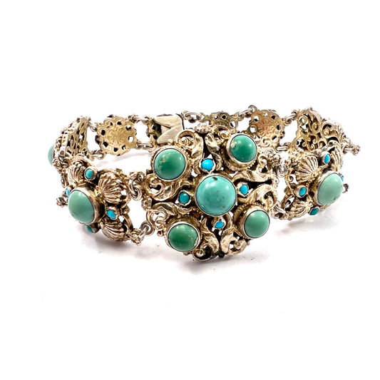 Czechoslovakia, Antique early 1900s Arts and Crafts Solid Gilt Silver Turquoise Bracelet.