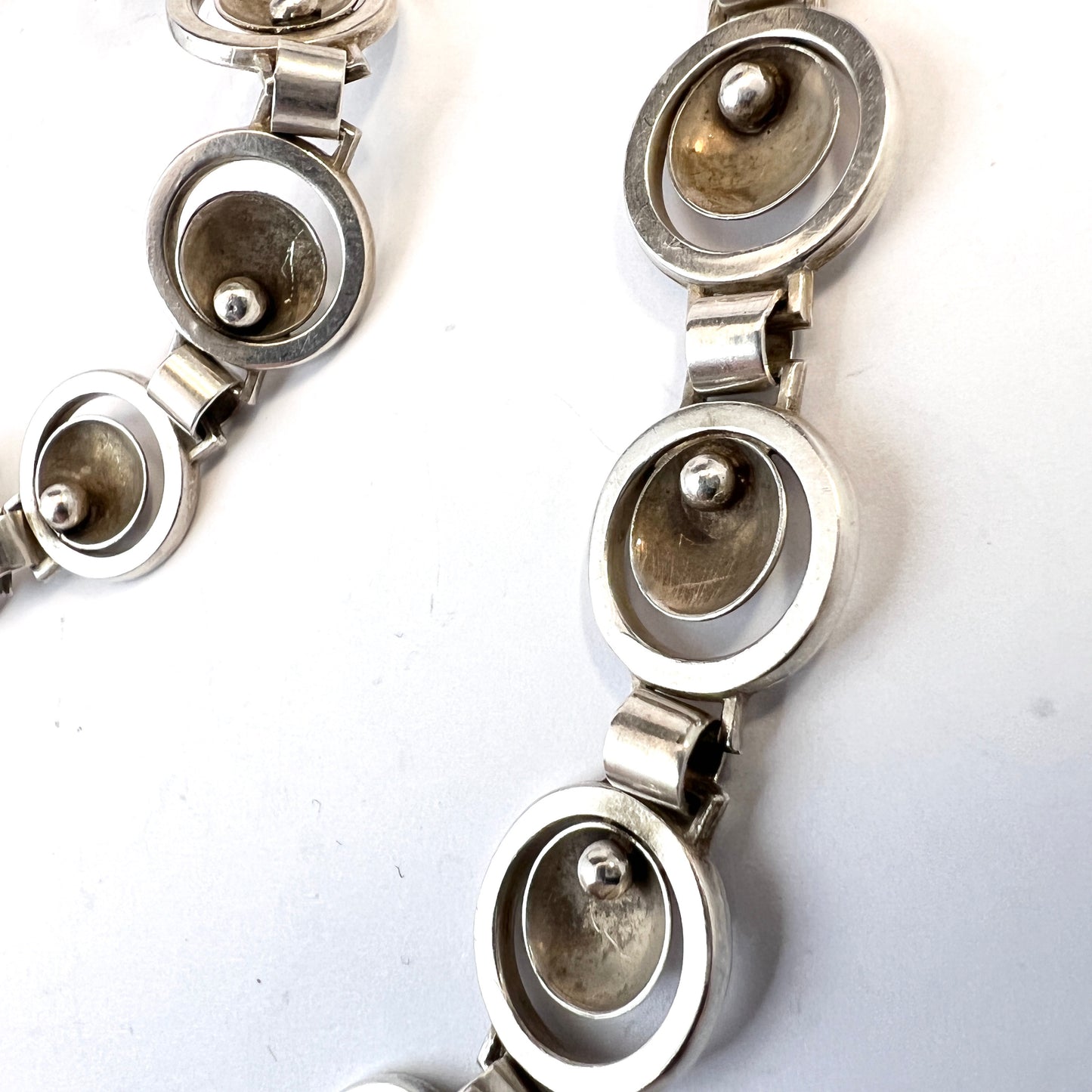 G Dahlgren, Sweden year 1950. Vintage Mid-century Modern Solid Silver Necklace + Bracelet.