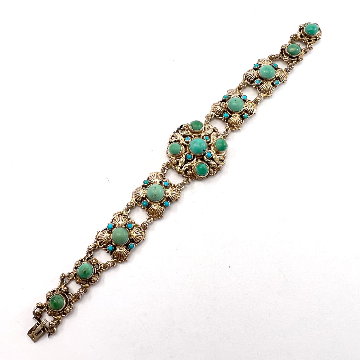 Czechoslovakia, Antique early 1900s Arts and Crafts Solid Gilt Silver Turquoise Bracelet.