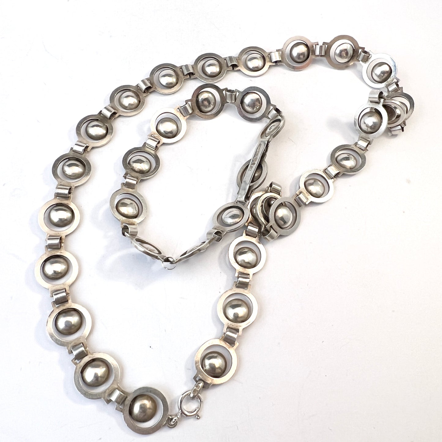 G Dahlgren, Sweden year 1950. Vintage Mid-century Modern Solid Silver Necklace + Bracelet.