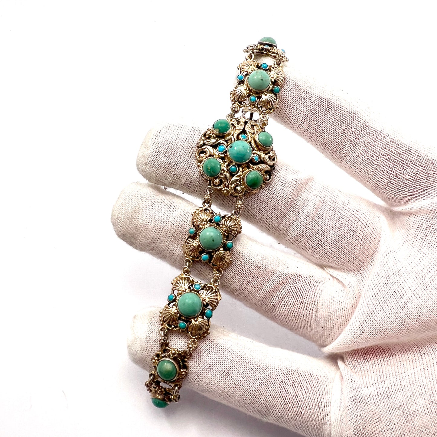 Czechoslovakia, Antique early 1900s Arts and Crafts Solid Gilt Silver Turquoise Bracelet.