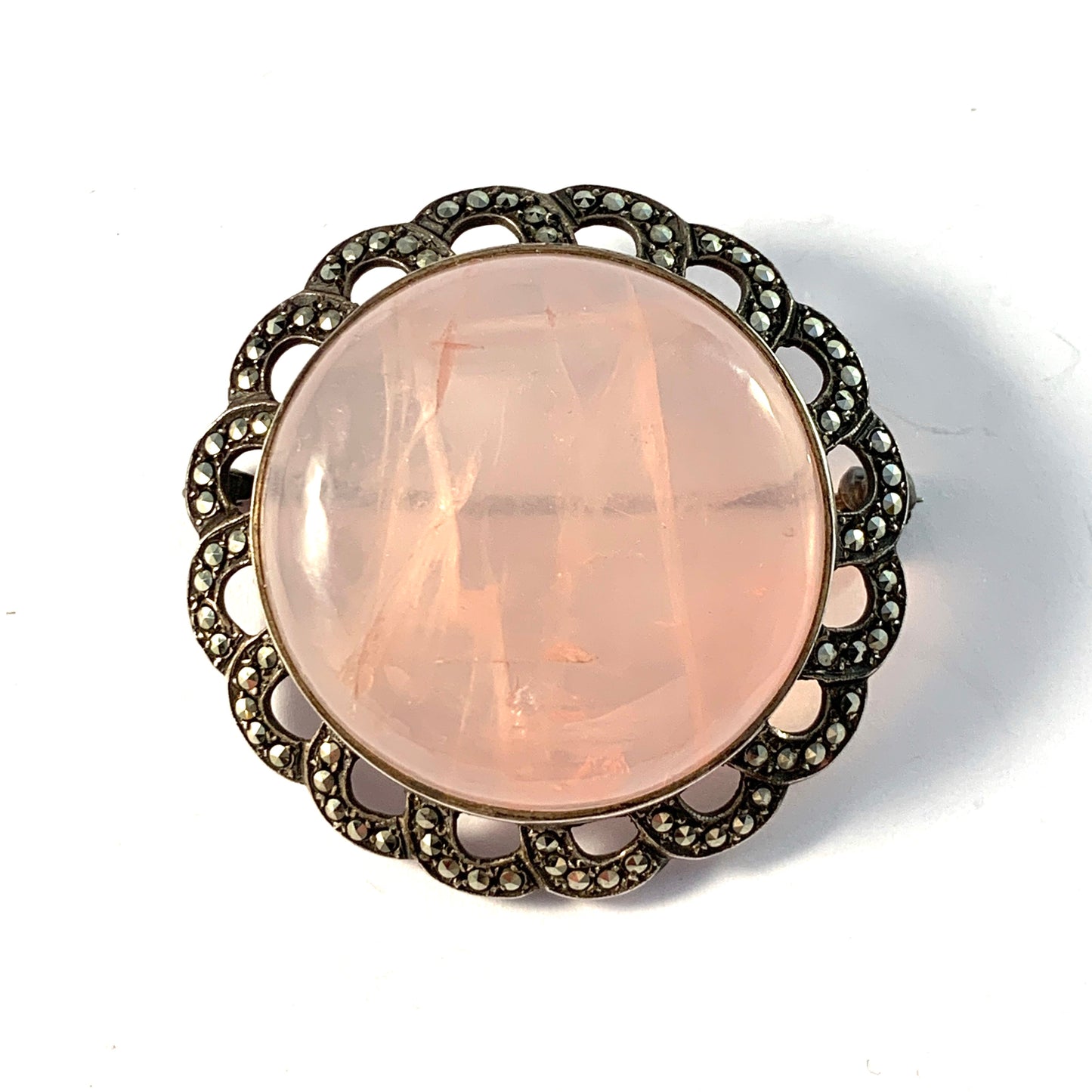 Germany 1940s. Solid Silver Rose Quartz Marcasite Brooch.